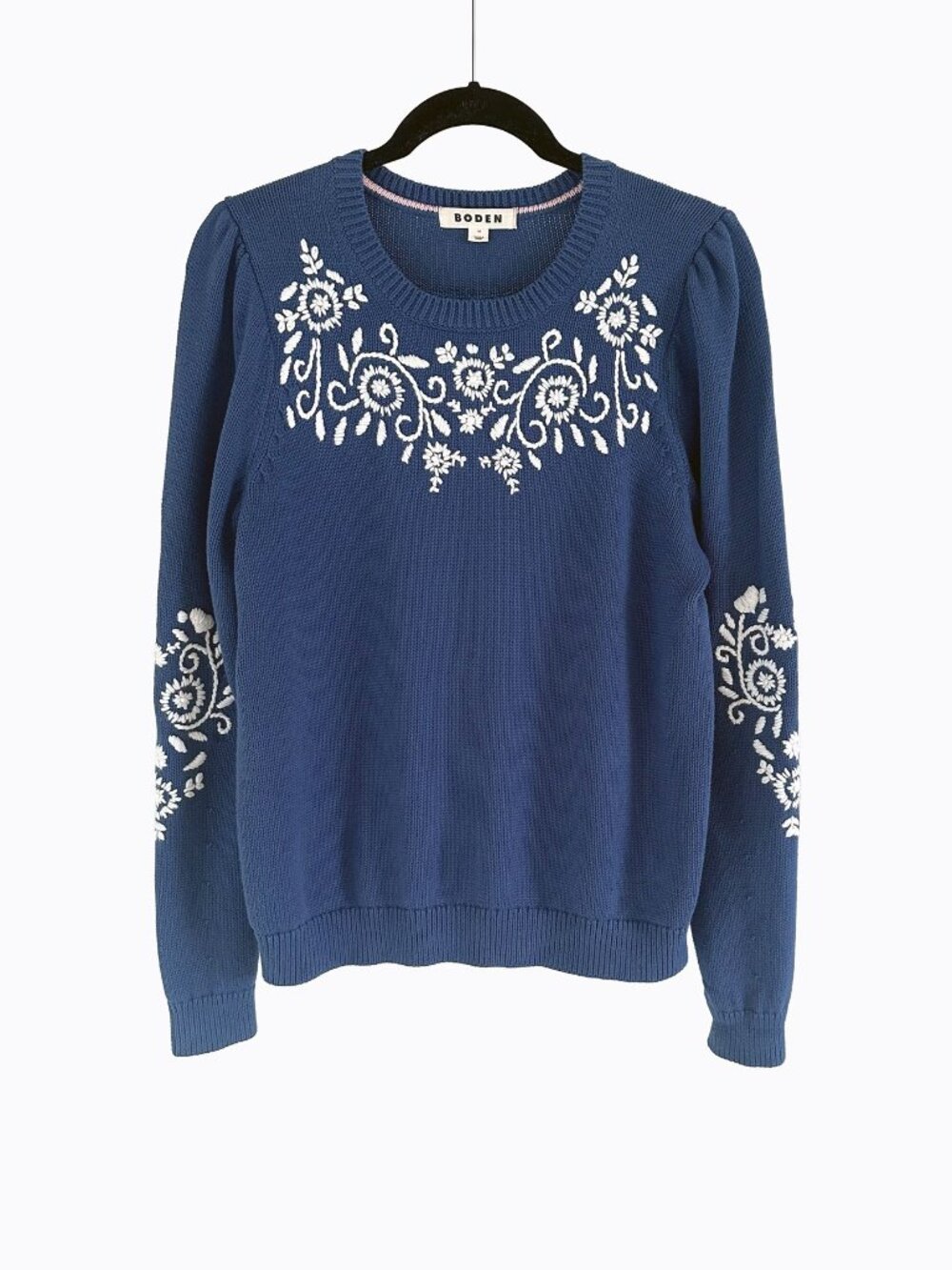 Boden Davina Blue Floral Embroidered Puff Sleeve Sweater M Cotton Crewneck Chic